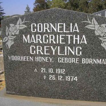 GREYLING Cornelia Margrietha formerly HONEY nee BORNMAN