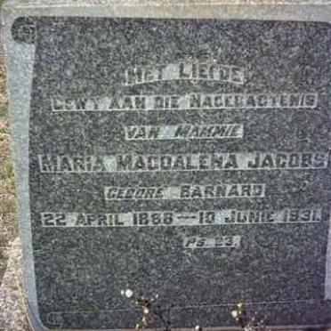 JACOBS Maria Magdalena nee BARNARD 1888-1931