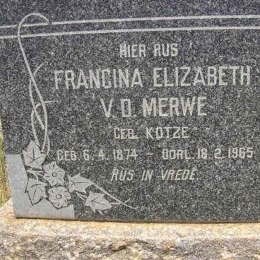 MERWE Francina Elizabeth, v.d. nee KOTZE 1874-1965