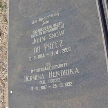 PREEZ John Snow, du 1914-2000 &amp; Hermina Hendrika FOUCHE 1917-1992