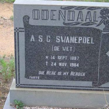 SWANEPOEL A.S.G, formerly ODENDAAL, nee DE WET 1897-1984