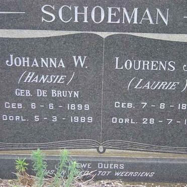 SCHOEMAN Lourens J.E. 1893-1971 &amp; Johanna W. DE BRUYN 1899-11989