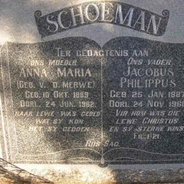 SCHOEMAN Jacobus Philippus 1887-1960 &amp; Anna Maria V.D. MERWE 1889-1962