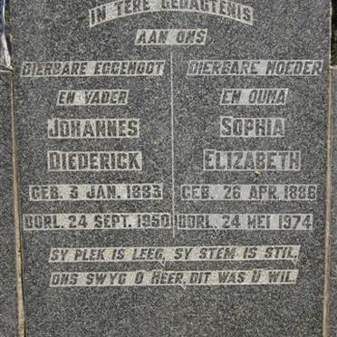 WESTHUIZEN Johannes Diederick, van der 1883-1950 &amp; Sophia Elizabeth 1886-1974