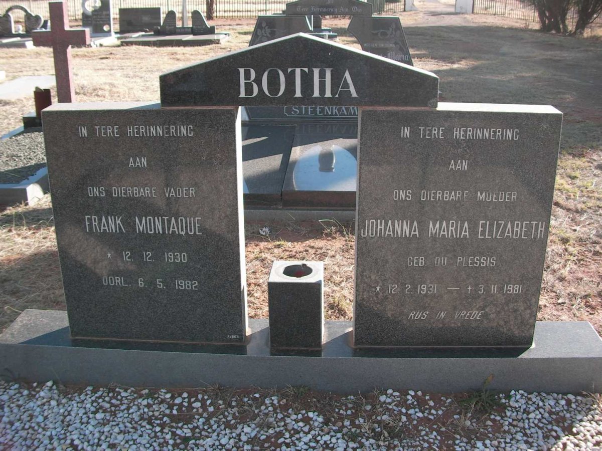 BOTHA Frank Montaque 1930-1982 &amp; Johanna Maria Elizabeth DU PLESSIS 1931-1981