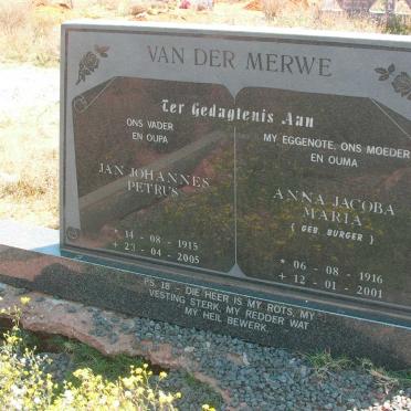 MERWE Jan Johannes Petrus, van der 1915-2005 &amp; Anna Jacoba Maria BURGER 1916-2001