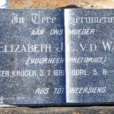 WALT Elizabeth J.C., v.d. voorheen PRETORIUS nee KRUGER 1890-1963