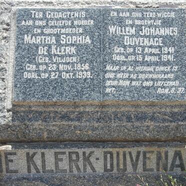 KLERK Martha Sophia, de nee VILJOEN 1856-1939 :: DUVENAGE Willem Johannes 1941-1941