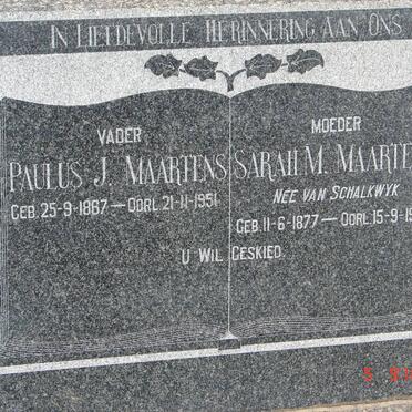 MAARTENS Paulus J. 1867-1951 &amp; Sarah M. VAN SCHALKWYK 1877-1946