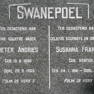 SWANEPOEL Pieter Andries 1880-1965 &amp; Susanna Francina VENTER 1881-1959
