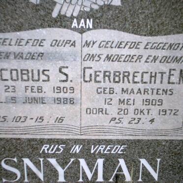 SNYMAN Jacobus S. 1909-1988 &amp; Gerbrecht E.M. MAARTENS 1909-1972