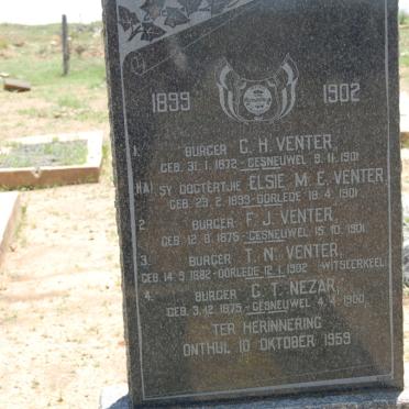 VENTER G.H. 1872-1901 ::  VENTER Elsie M.E. 1899-1901 ::  VENTER F.J. 1875-1901 :: VENTER T.N. 1882-1902 :: NEZAR C.T. 1875-1900
