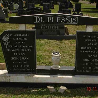 PLESSIS Lukas Schoeman, du 1913-1997 &amp; Anna Christina 1912-2000