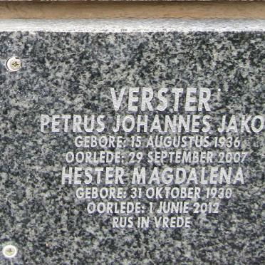 VERSTER Petrus Johannes Jakob 1936-2007 &amp; Hester Magdalena 1930-2012