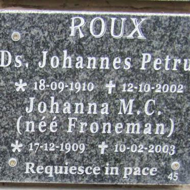 ROUX Johannes Petrus 1910-2002 &amp; Johanna M.C. FRONEMAN 1909-2003