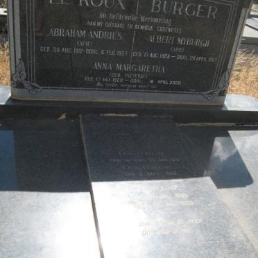 BURGER Albert Myburgh 1906-1967 &amp; Anna Margaretha formerly le ROUX nee PIETERSE 1920-2000