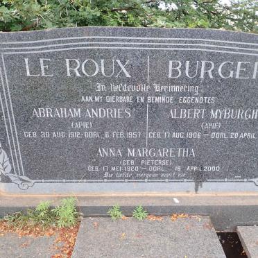 ROUX Abraham Andries, le 1912-1957 &amp; Anna Margaretha PIETERSE 1920-2000 :: BURGER Albert Myburgh 1906-1967