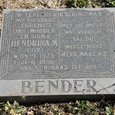 BENDER Hendrina M. nee COX 1923-1988