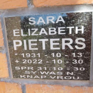 PIETERS Wessel Hendrik 1925-2019 &amp; Sara Elizabeth 1931-2022