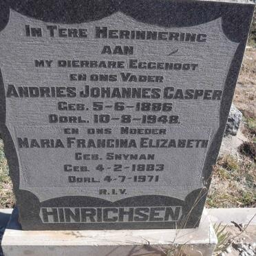 HINRICHSEN Andries Johannes Casper 1886-1948 &amp; Maria Francina Elizabeth SNYMAN 1883-1971