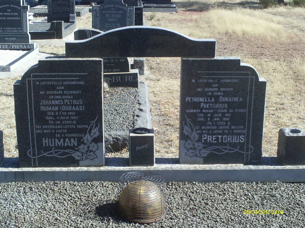 HUMAN Johannes Petrus 1910-1957 &amp; Petronella Dorathea PRETORIUS formerly HUMAN nee DU PLESSIS
