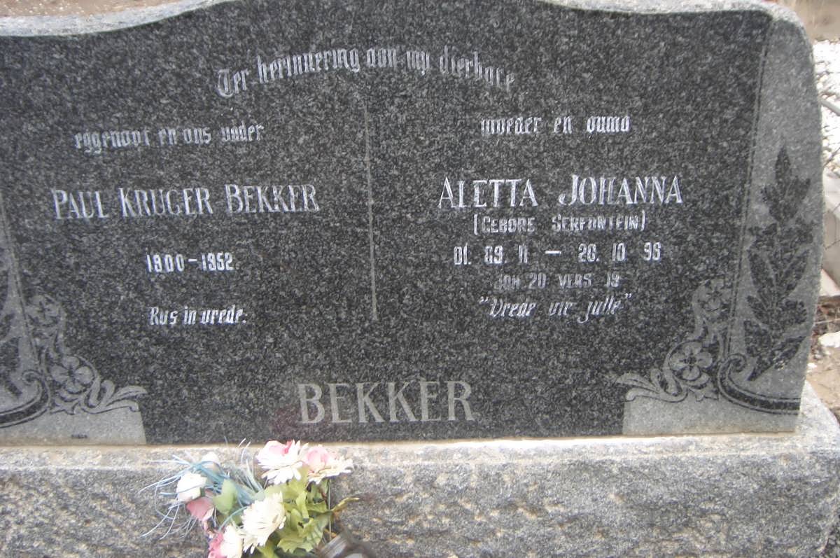 BEKKER Paul Kruger 1900-1952 &amp; Aletta Johanna SERFONTEIN 1911-1999