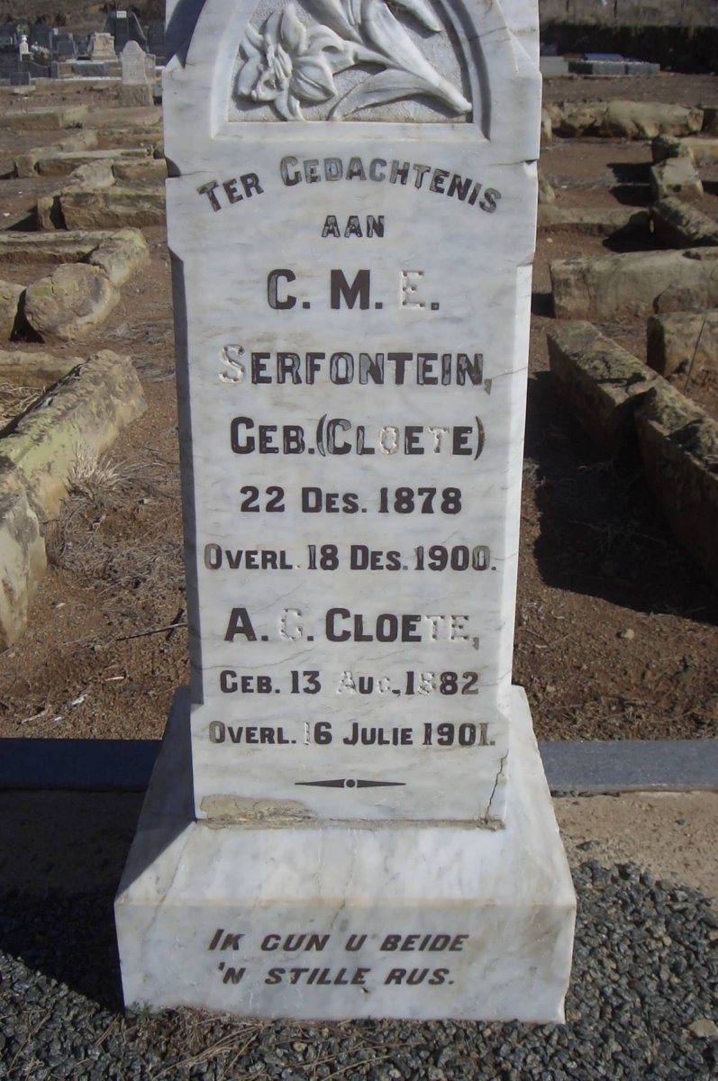 CLOETE A.G. 1882-1901 :: SERFONTEIN C.M.E. nee CLOETE 1878-1900