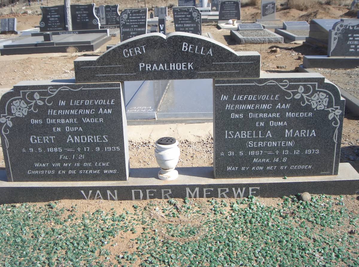 MERWE Gert Andries, van der 1885-1935 &amp; Isabella Maria SERFONTEIN 1887-1973