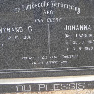 PLESSIS Wynand C., du 1906- &amp; Johanna S. HAARHOFF 1910-1986