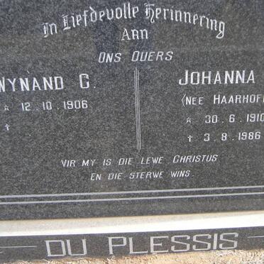 PLESSIS Wynand C., du 1906- &amp; Johanna S. HAARHOFF 1910-1986