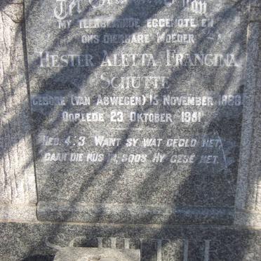 SCHUTTE Hester Aletta Francina nee VAN ASWEGEN 1888-1951