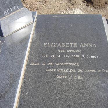WALT Elizabeth Anna, van der nee SNYMAN 1894-1984