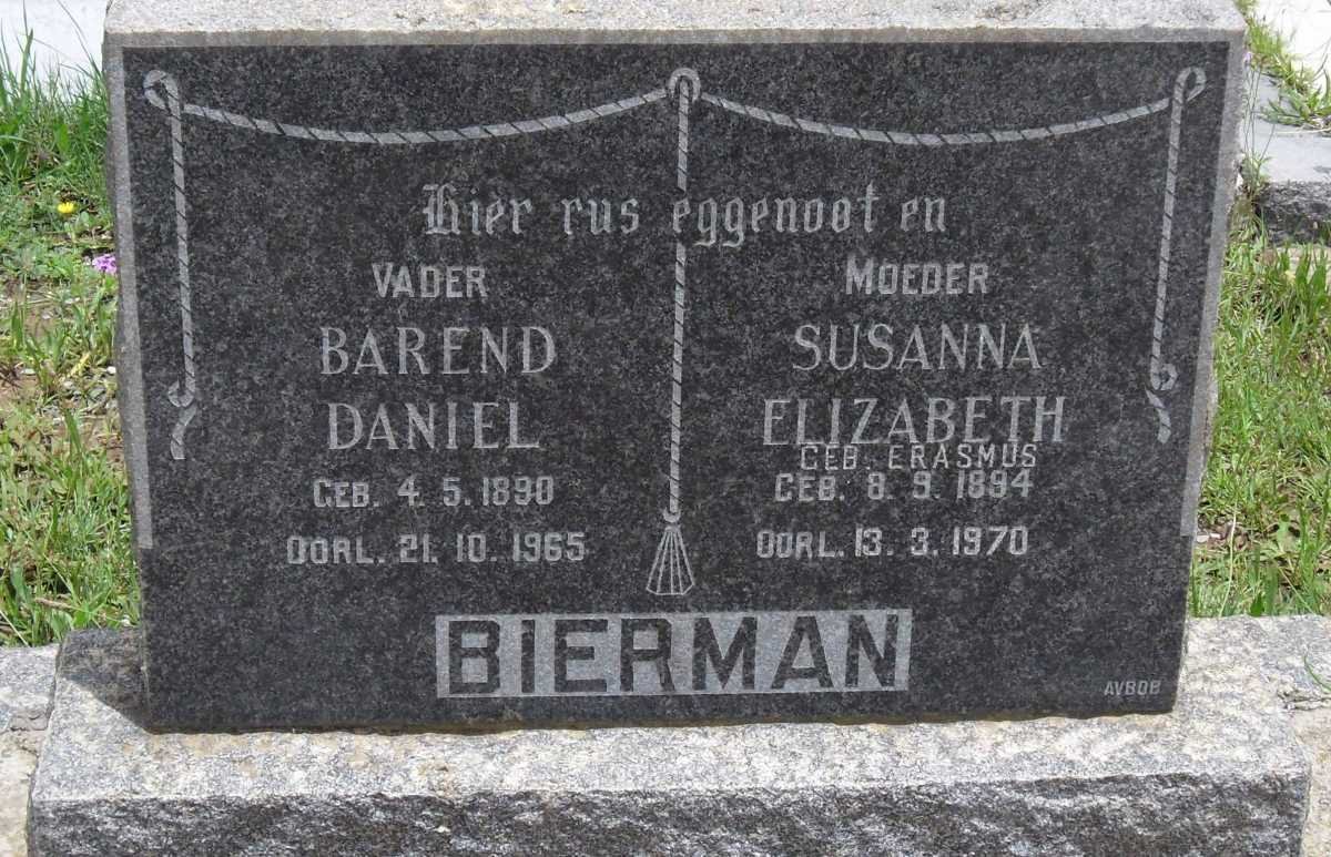 BIERMAN Barend Daniel 1890-1965 &amp; Susanna Elizabeth ERASMUS 1894-1970