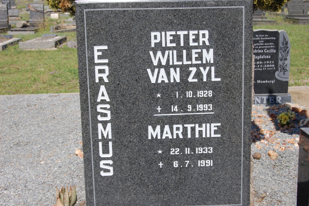 ERASMUS Pieter Willem Van Zyl 1928-1993 &amp; Marthie 1933-1991