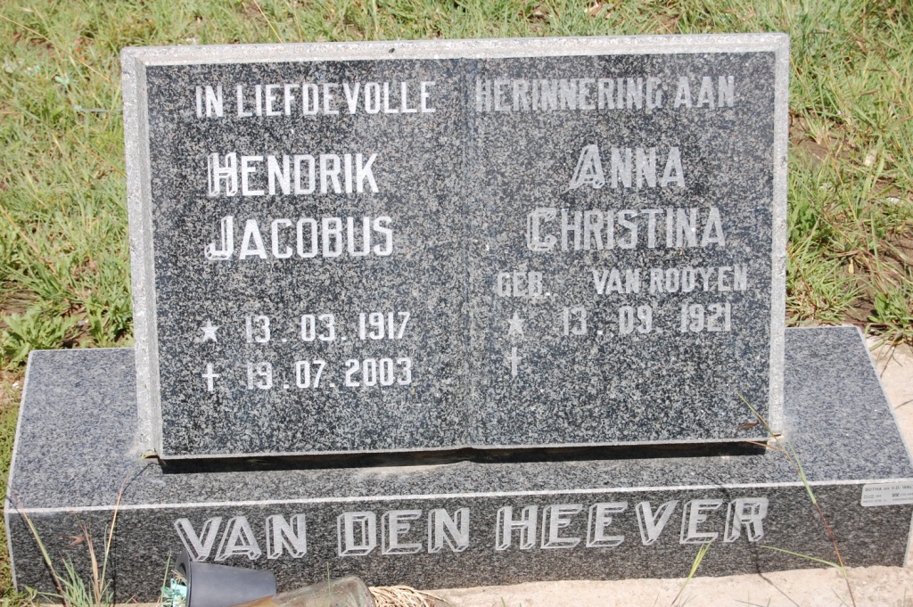 HEEVER Hendrik Jacobus, van den 1917-2003 &amp; Anna Christina VAN ROOYEN 1921-