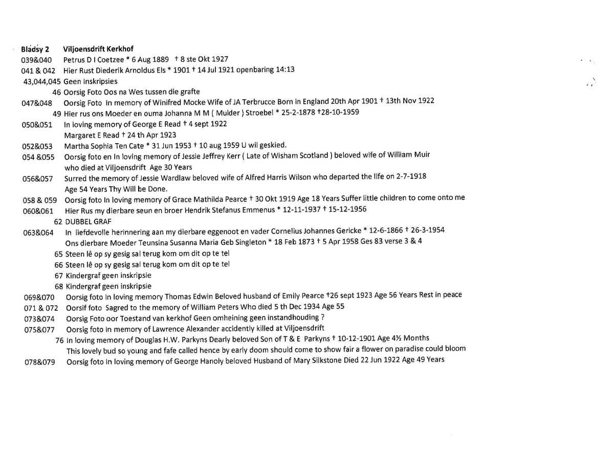 Viljoensdrift cemetery information p.2