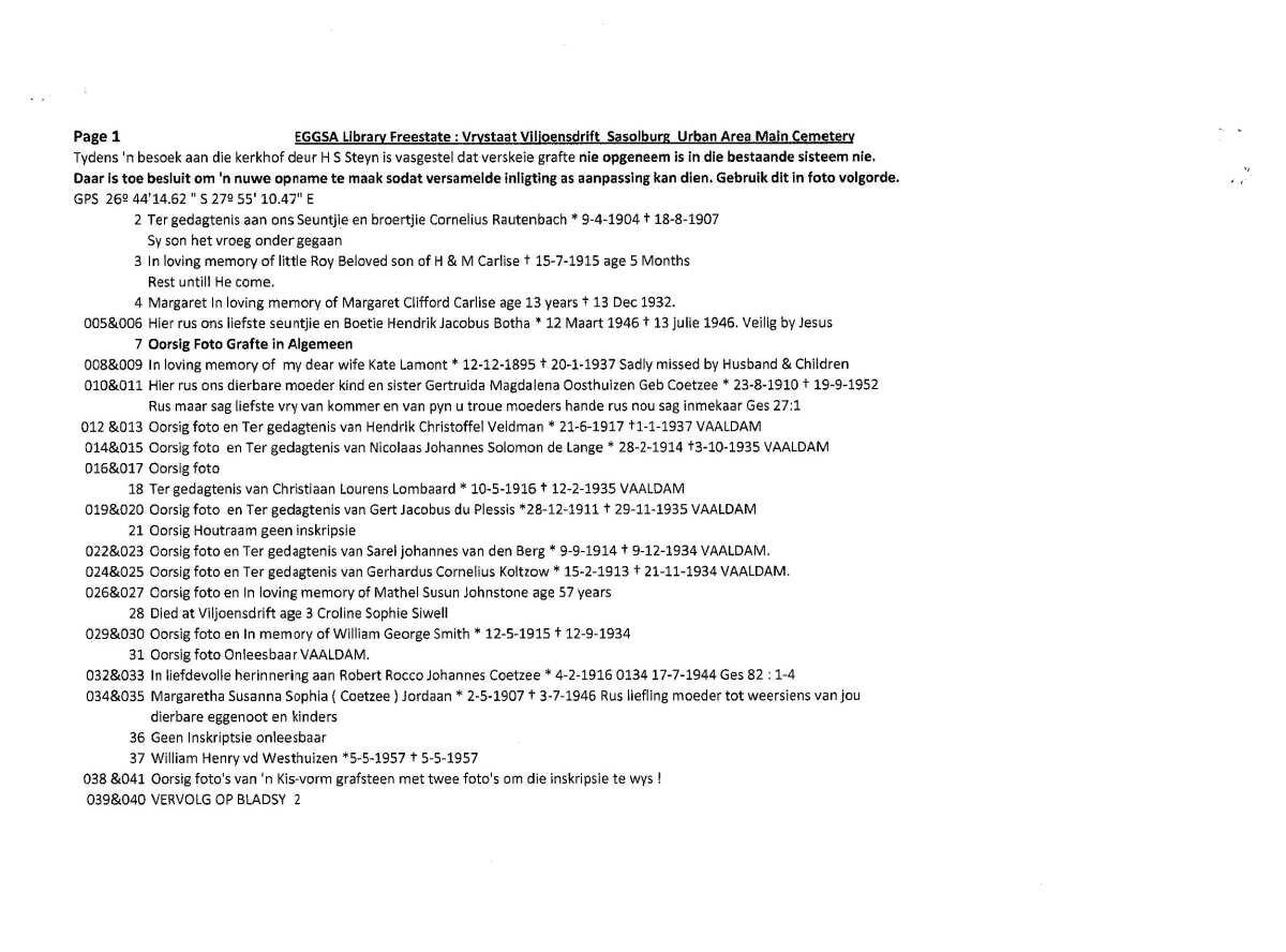 Viljoensdrift cemetery information p.1