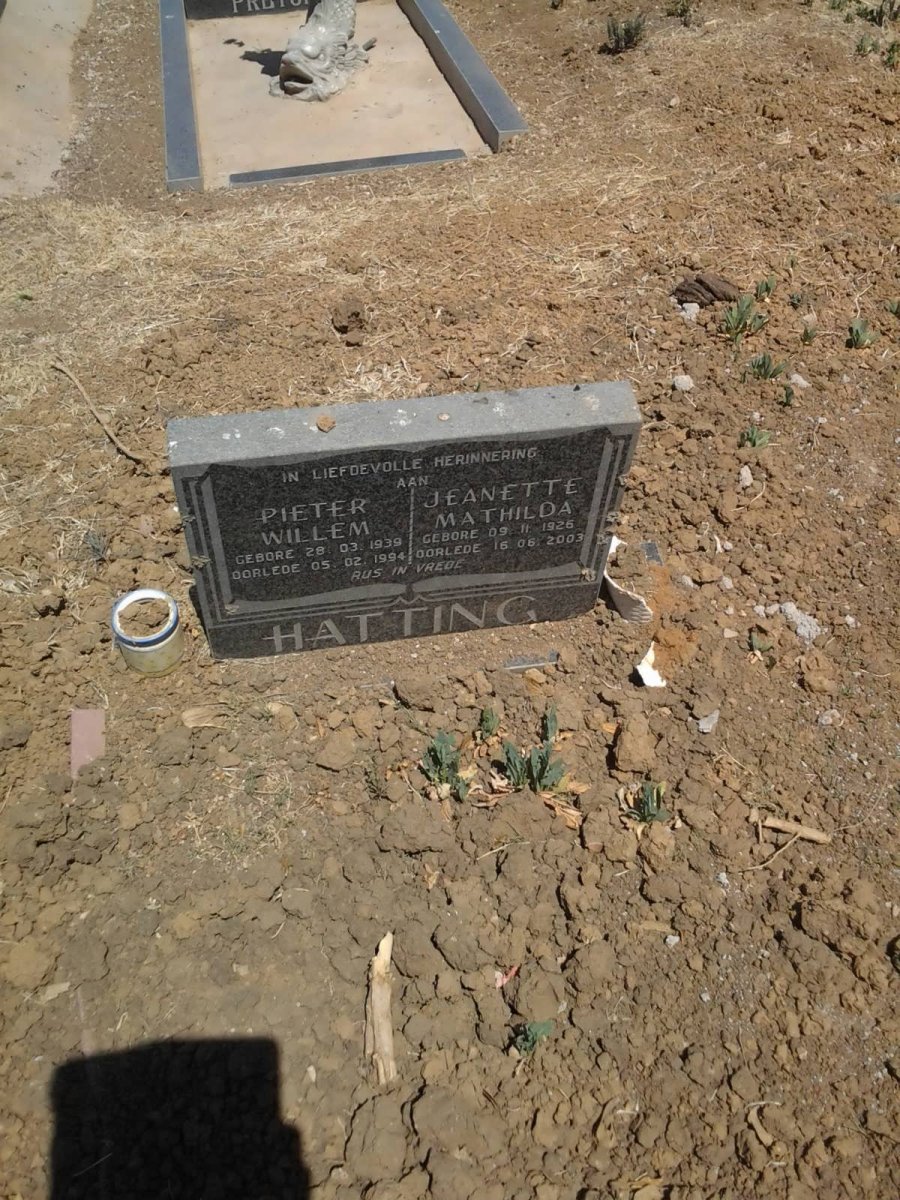 HATTING Pieter Willem 1939-1994 &amp; Jeanette Mathilda 1926-2003