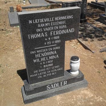 SADLER Thomas Ferdinand 1926-1993 &amp; Hendrina Wilhelmina 1932-2012