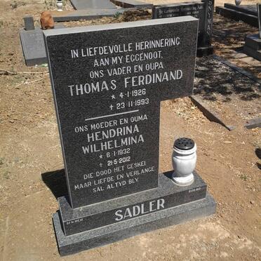 SADLER Thomas Ferdinand 1926-1993 &amp; Hendrina Wilhelmina 1932-2012