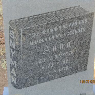SNYMAN Anna nee V.D. VYFER 1921-1970