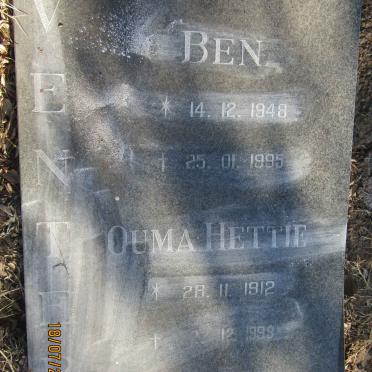 VENTER Ben 1948-1995 &amp; Hettie 1912-1999