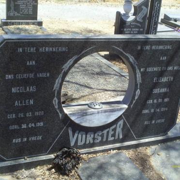 VORSTER Nicolaas Allen 1920-1991 &amp; Elizabeth Susanna 1921-1984