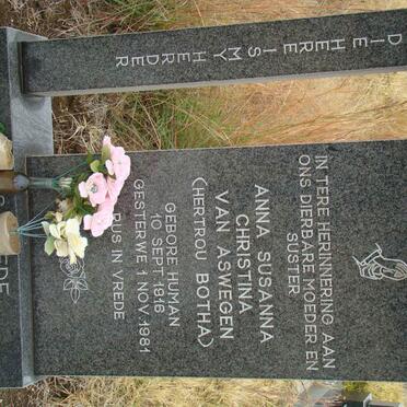 ASWEGEN Anna Susanna Christina, van formerly BOTHA nee HUMAN 1916-1981