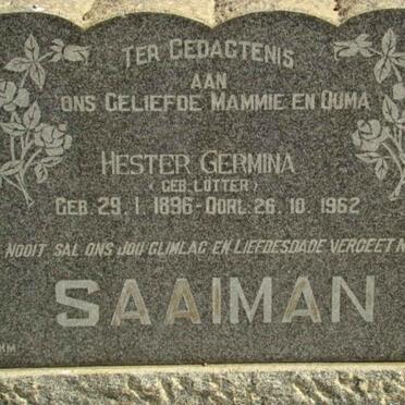 SAAIMAN Hester Germina nee LOTTER 1896-1962
