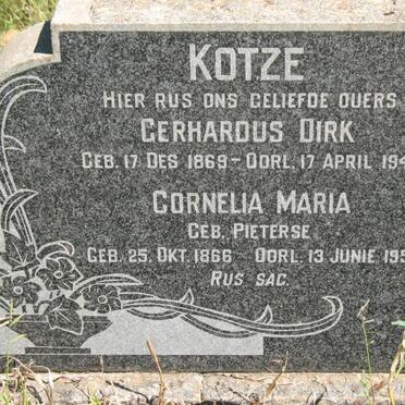 KOTZE Gerhardus Dirk 1869-1943 &amp; Cornelia Maria PIETERSE 1866-1953