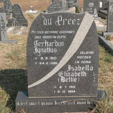 PREEZ Gerhardus Ignatius, du 1910-1980 &amp; Isabella Elizabeth 1912-1994
