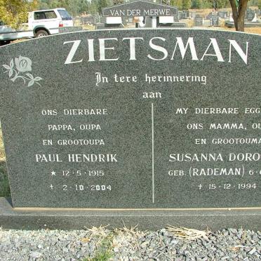ZIETSMAN Paul Hendrik 1915-2004 &amp; Susanna Dorothea RADEMAN 1922-1994