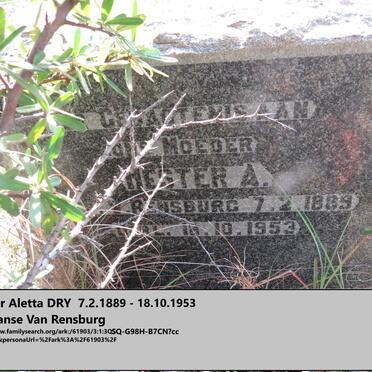 DRY Hester Aletta nee JANSE VAN RENSBURG 1889-1953