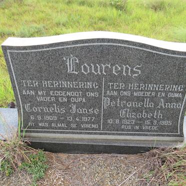 LOURENS Cornelis Janse 1909-1977 & Petronella Anna Elizabeth 1923-1985 